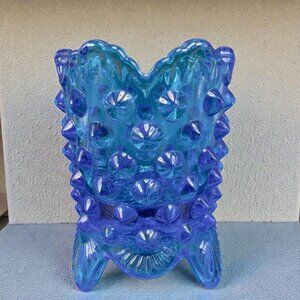 Vintage Fenton Glass Blue Hobnail Tri Footed Toothpick Holder Small Bud Vase VTG